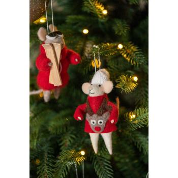 Julekule mus med ski og mus med genser i juletre