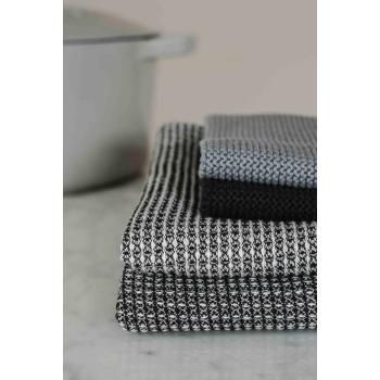 Samlebilde av kjøkkenhåndkle og kluter i mørk grå toner 