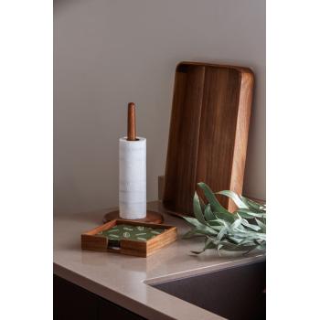 Tørkerullholder på benk med serveringsfat og serviettholder