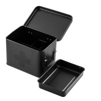 Førstehjelpsskrin i sort metall med lokk